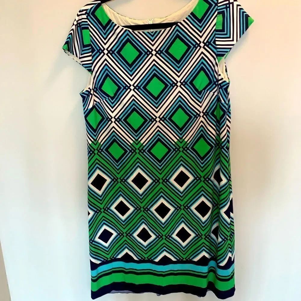 Eliza J size large geometric green blue dress